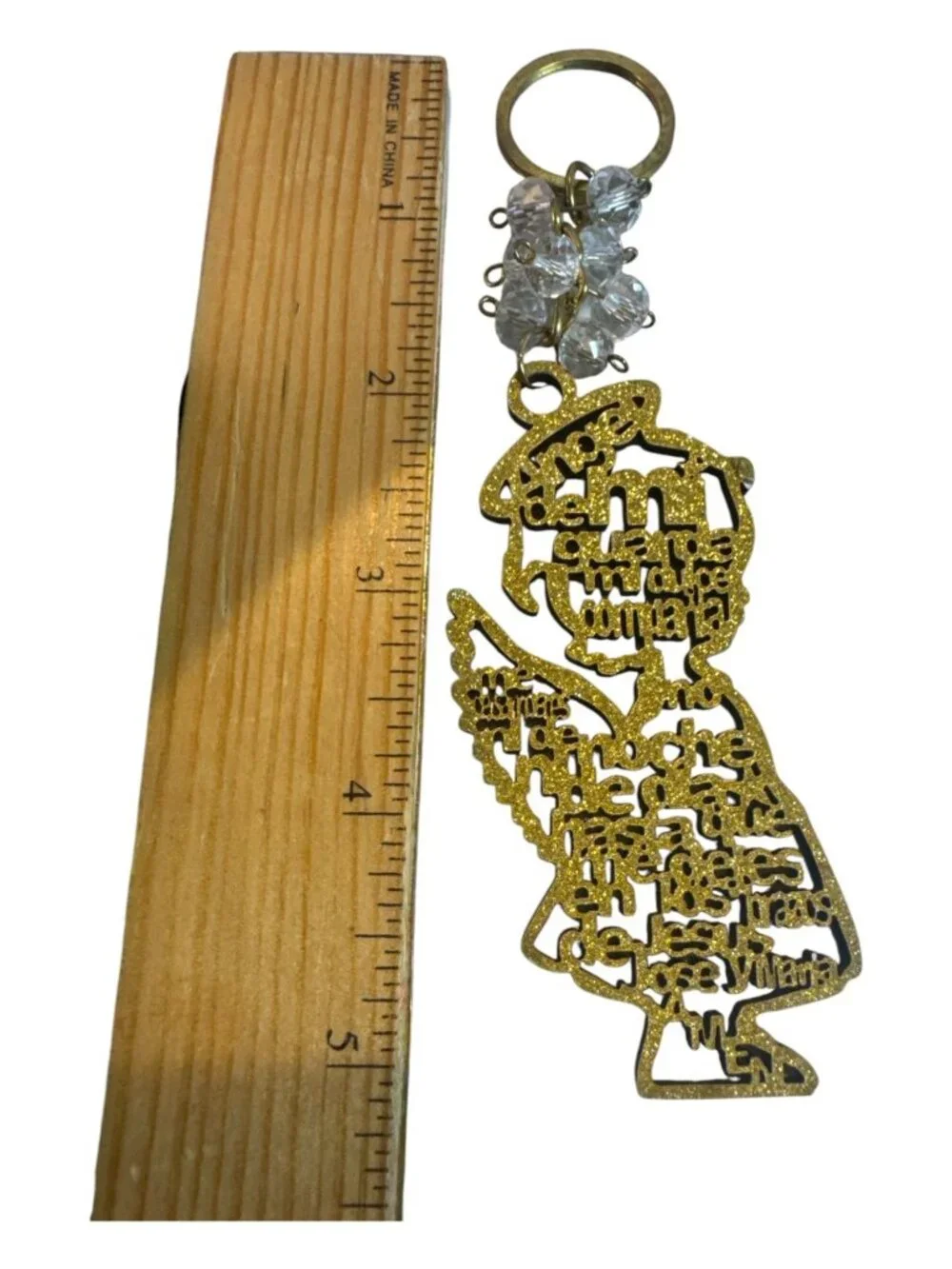 Gold Glitter Angel Keychain With Clear Beads & Intricate Prayer Design